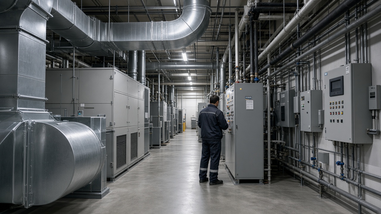 Illustration av casinobyggnad med tekniska installationer för ventilation och drift